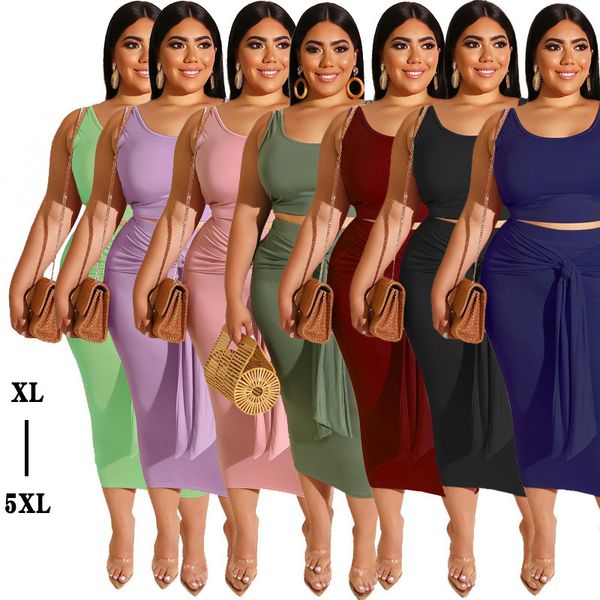 

3xl,4xl,5xl fashion large size small vest women's solid color tight bag hip exposed navel two-piece set design women's casual dres, White