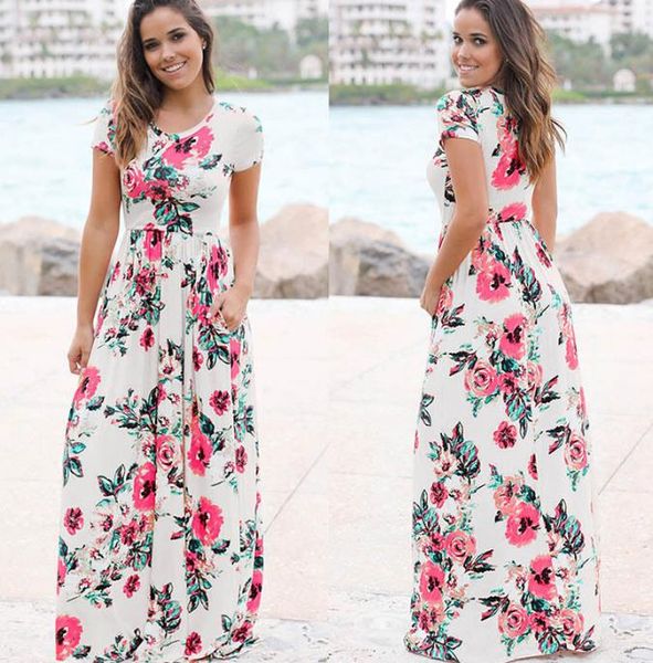 

2019 summer long dress floral print boho beach dress tunic maxi women evening party sundress vestidos de festa xxxl, Black;gray