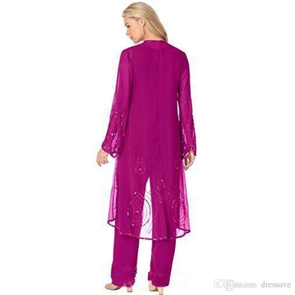 Moderno Fuchsia chiffon Mãe da noiva Pant Terne para casamento Três peças Desgaste formal Ocasiões especiais vestido mãe com jaqueta263s