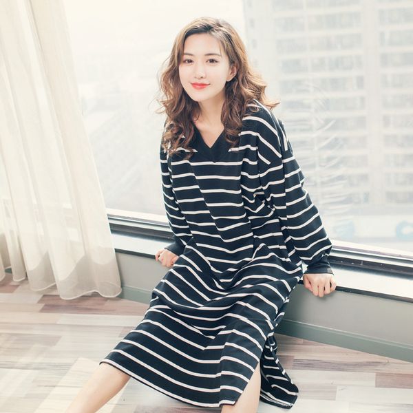 

classic black and white stripe long sleeved womens nightgown sleepwear loose slouchy nightdress spring sleepshirts home clothes, Black;red