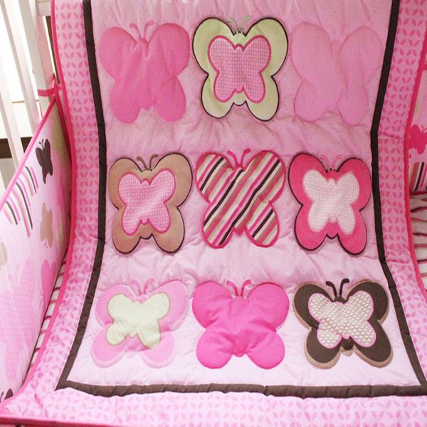 

7pcs baby bedding set embroidery various butterfly crib bedding set cotton cot quilt bumper mattress cover bedskirt