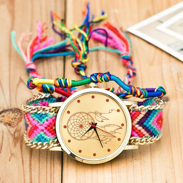

10 color bohemian bracelet watch ethnic style hand-woven wrist watch multicolor belt fashion hand rope quartz women, Slivery;brown