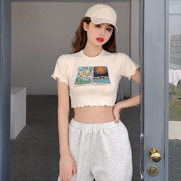 

round collar t-shirt women's summer 2020 fashionable pattern slim short jacket sleeve t-shirt navel short jacket ins fashionable, White