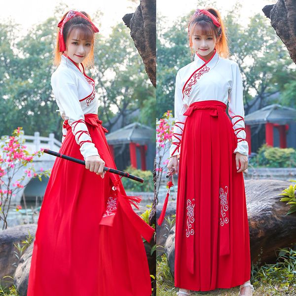 

improved hanfu costume chinese ancient style long skirt embroidery retro dress daily tang qing female cosplay clothes dl4142, Black;red