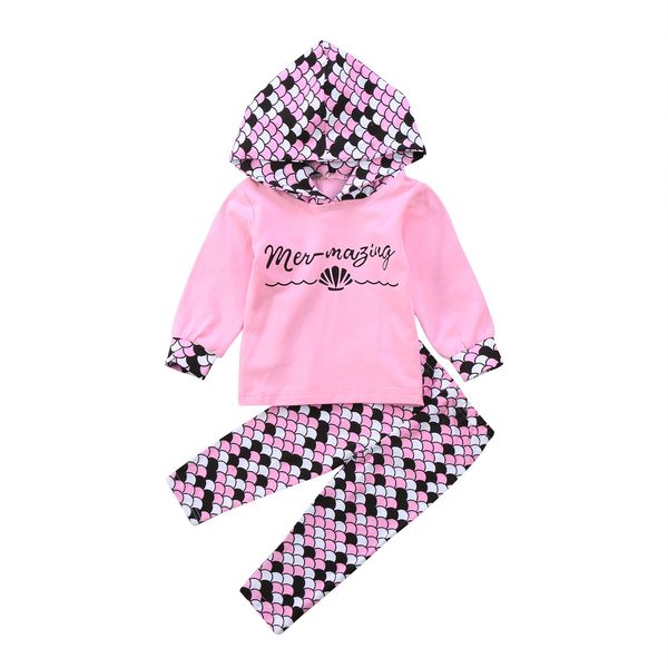 

2018 infant baby girl mermaid autumn outfits hooded pullover pants warm clothes 0-24m hot, Pink;blue