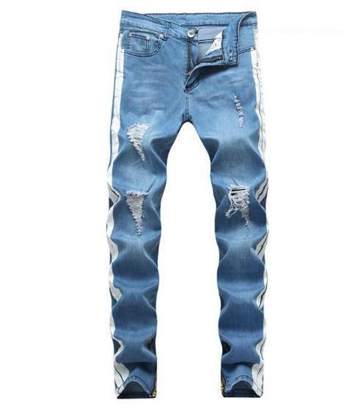 

light blue striped jean pants fashion hole trousers men designer jeans ripped distressed long