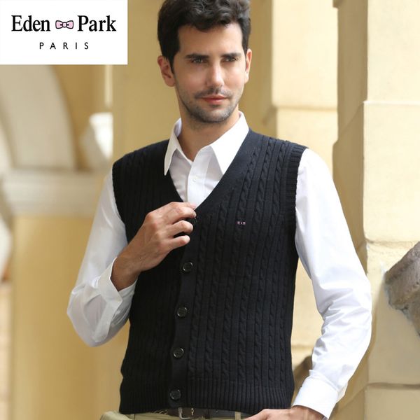 

eden park business pulls casual knitted vest male autumn winter new v collar cotton pullover slim sweater mens black, White;black