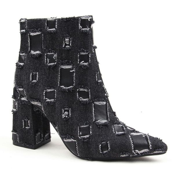 

us4-11 womens pointed toe denim jeans ripped ankle boots chunky high heel side zip shoes plus size black a991