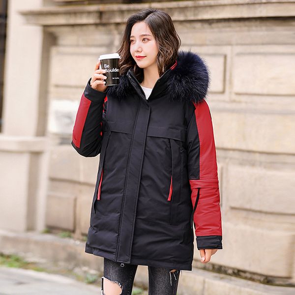 

2019 new women red down cotton short coat autumn winter thicken faux fur coats parka female contrast color pocket jacket outwear, Black
