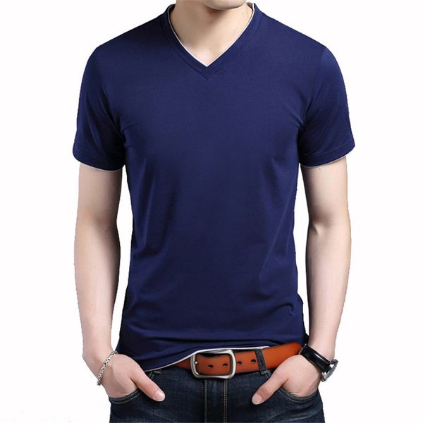

New Summer t shirt men Solid Color Casual Cotton Short Sleeve Fashion V-neck tee shirt homme Plus Asian Size S-5XL Slim Fit Tees