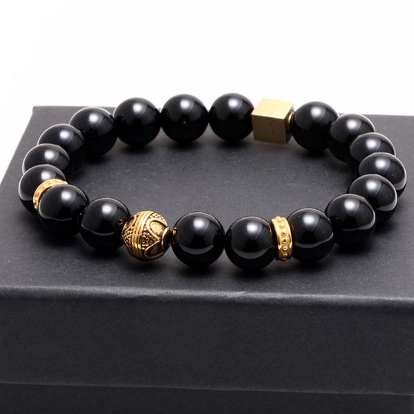 

mcllroy fashion luxury 8mm black natural stone bracelet for women men stainless steel gold ball charm bracelets bangle jewelry, Golden;silver