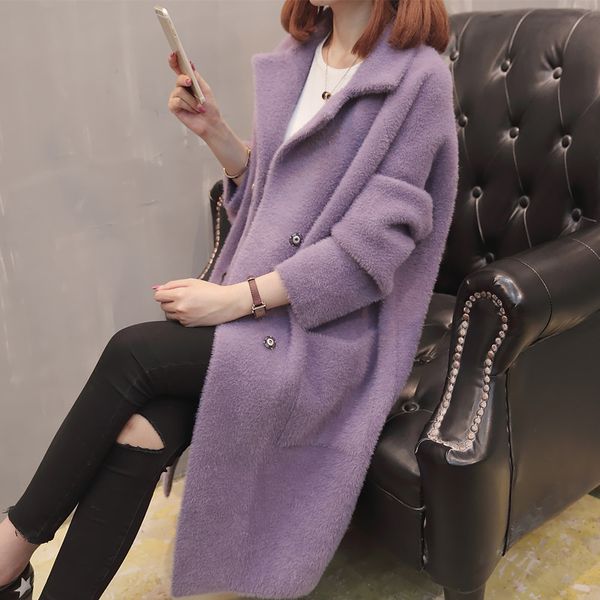 

2019 long knitting cardigan fake mink overcoat woman overknee thickening woolen loose coat, Black