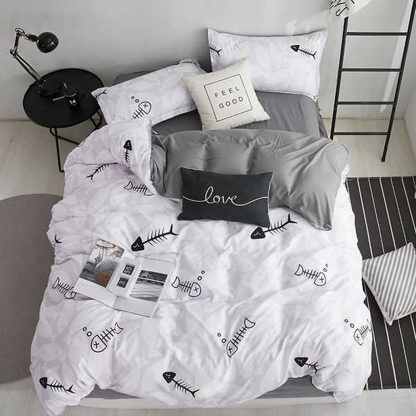 

cute fish bedding set soft bedlinen duvet cover set pillowcases 3/4pcs bed  king roupa de cama white gray bedclothes