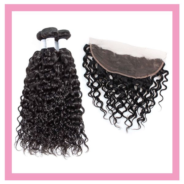 

brazilian virgin hair water wave bundles with 13x4 lace frontal with baby hair extensions 8-28inch natural color water wave curly, Black;brown