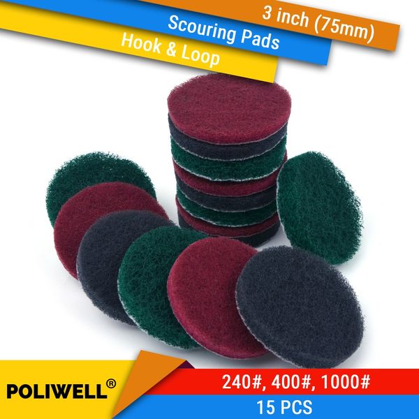 

scrub pad 15pcs 3 inch 75mm flocking industrial scouring pads heavy duty 240/400/1000# nylon polishing pad for kitchen cleaning