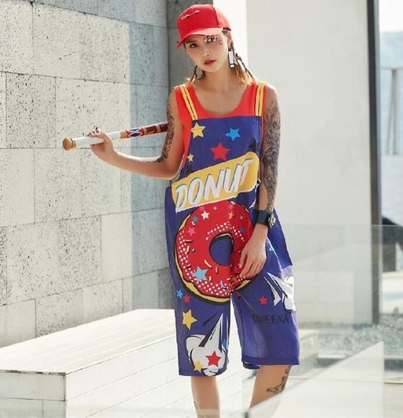 

2019 new hip hop women jumpsuits overalls funny boom graffiti printed pants for women wide leg pants rompers dance clothes, Black;white