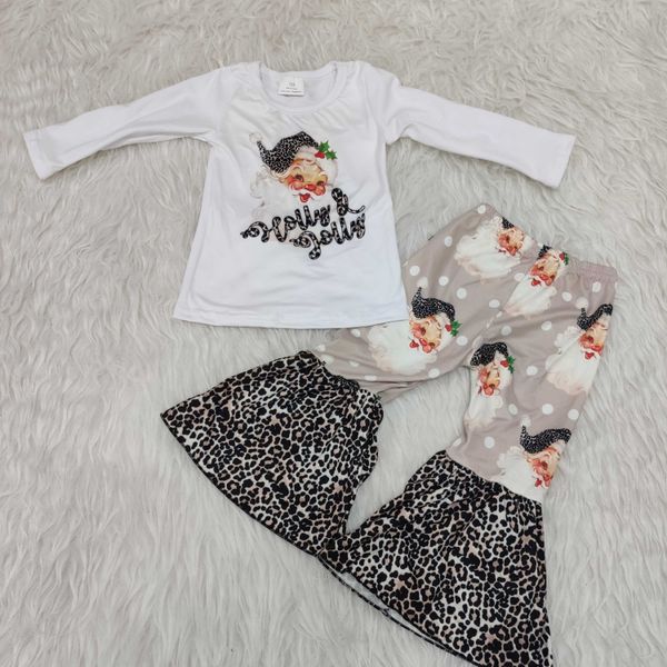 

santa print shirt match bell bottom pants christmas outfits baby girl boutique clothing sets, White