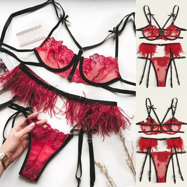 

fashion lingerie exquisite mesh lingerie bra+garter+briefs set babydoll cut-out sleepwear exotic apparel babydoll 2020, Red;black