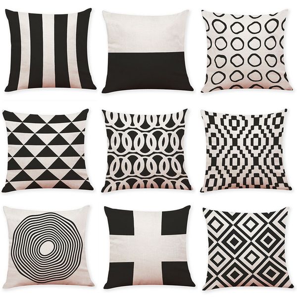 

black and white geometric linen cushion cover home office sofa square pillow case decorative cushion covers pillowcases (18*18inch