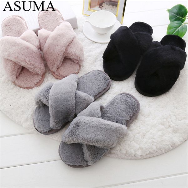 

2019 winter women home slippers with faux fur fashion warm shoes woman slip on flats plush female slides black pink plus size 41