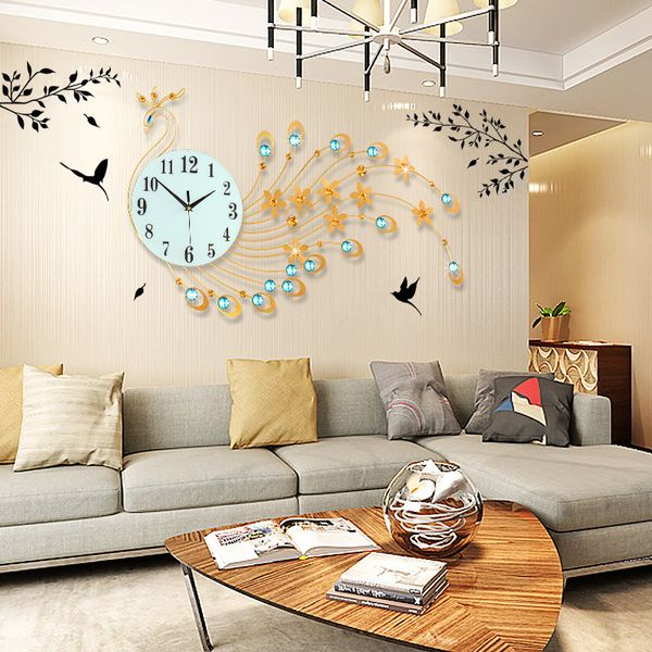 

peacock clock iron art creative wall clock european living room electronic alarm quartz luminous wall decoration
