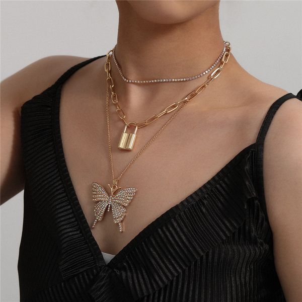 

5set/lot retro geometric necklace cross diamond butterfly lock neck chain set for women three layer pendant necklaces sets jewelry, Silver