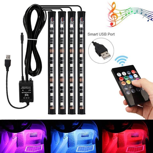 

4шт 9led rgb интерьер автомобиля атмосфера ног полосы света usb зарядное устройство decor lamp