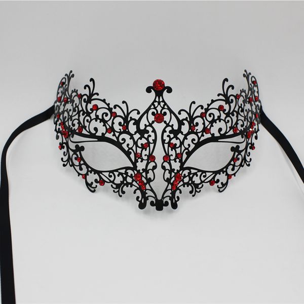 

womens elegant light metal venetian black masquerade mask red or blue or pink rhinestones party costume ball wedding masks