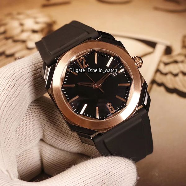 

new octo pvd black steel case two tone rose gold bezel black dial 102485 bgo41bbspgvd swiss quartz movement mens watch rubber watches, Slivery;brown