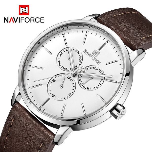 

naviforce роскошные мужские часы дата неделя многофункциональный кварцевые спортивные часы кожа водонепроницаемый бизнес часы мужские наручн, Slivery;brown