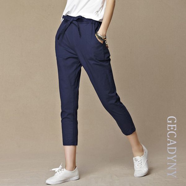 

women loose original design vintage linen female dazzling female drawstring pants pure capris harem trousers, Black;white