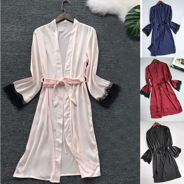 

new fashion women nightwear lace patchwork long sleeve sleepwear long lace, belt regular fit set v-neck, Black;red