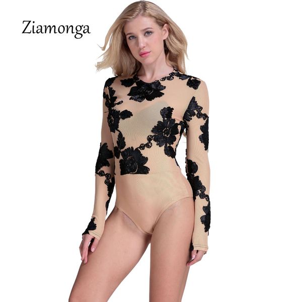 

ziamonga lace mesh bodysuit women elegant black transparent floral embroidery party overalls rompers womens jumpsuit, Black;white