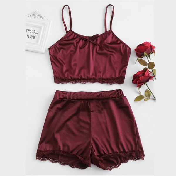 

casual pizama damska bawelna homewear polyester sleepwear sleeveless lingerie trim satin bow nightwear pajama lingerie, Black;red
