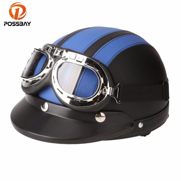 

possbay motorcycle goggles scooter half leather open face helmet or visor uv goggles retro vintage 54-60cm cafe racer helmets