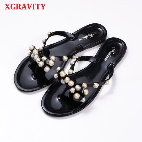 

sandals xgravity butterfly knot jelly shoes beach ladies fashion summer pearl outdoor flip flops woman slippers girl b053, Black
