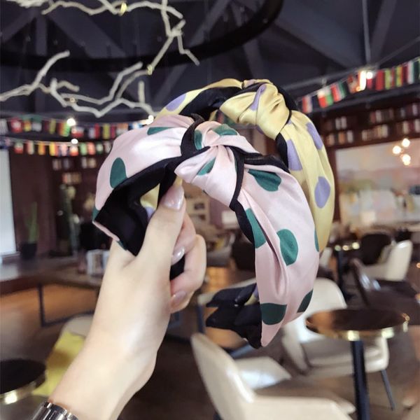 

new high-grade satin fabric hit color wave point macarons middle knotted wide-brimmed headband ladies