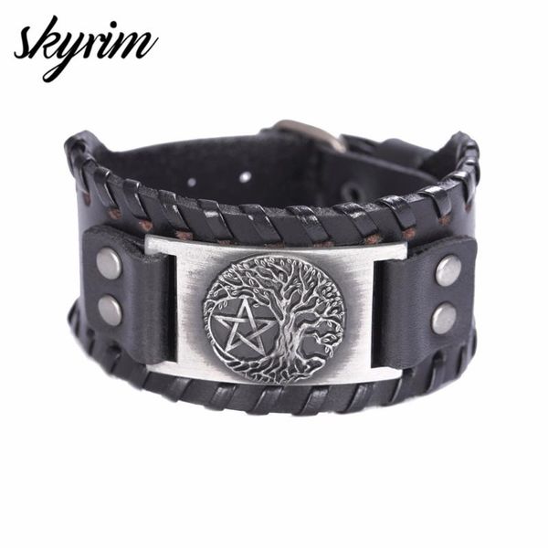 

skyrim tree of life yggdrasil leather bracelet pentacle genuine wicca pentagram star of david talisman bracelet for man jewelry, Black