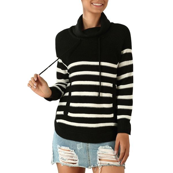 

newly design knitted striped sweater for women girls scarf collar long sleeve jumper blouse autumn winter female apparel #30, White;black