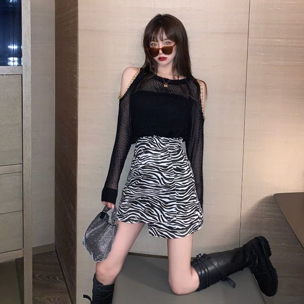 

nana fashion womens clothing store hong kong-style hollow-out knitted shirt zebra pattern skirt popular suit skirt two-piece set, White