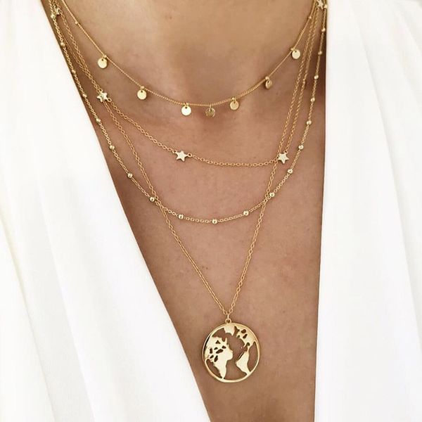 

women bohemian creative round five-pointed star style pendant necklace simple multilayer clavicle chain fashion jewelry, Silver