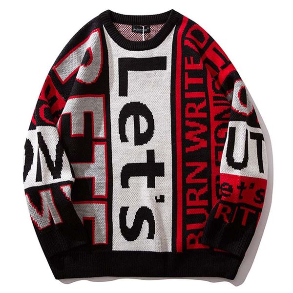 

sweater men color block mens pullover letter print loose hip hop style male sweaters casual knitted sweater couple, White;black