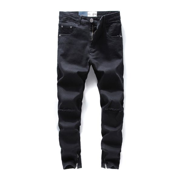 

black color ankle zipper jeans men skinny fit elastic stretch knee hole ripped jeans for men streetwear brand mens, Blue