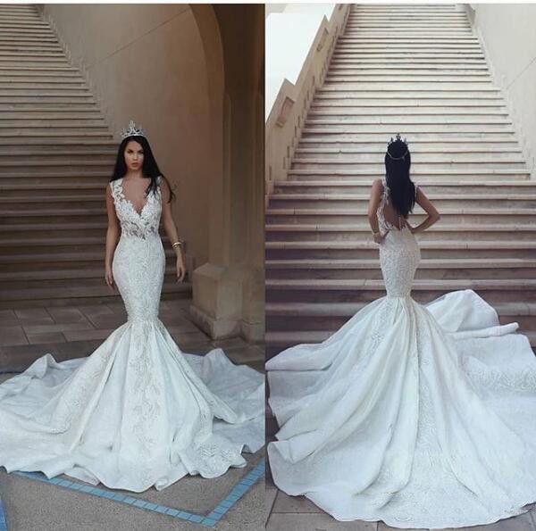 

white mermaid lace satin backless beach princess berta v neck wedding dresses with beads vintage bridal gowns 2019