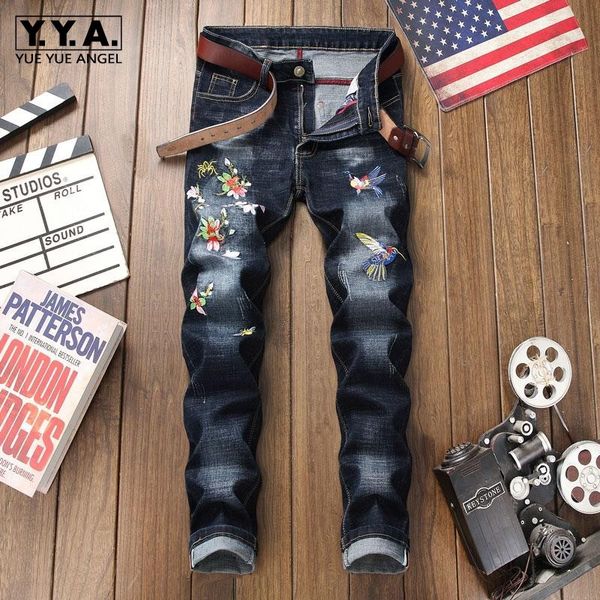 

new brand chinese style floral embroidery full length mens denim pants straight runway fashion washed elastic jeans trousers, Blue