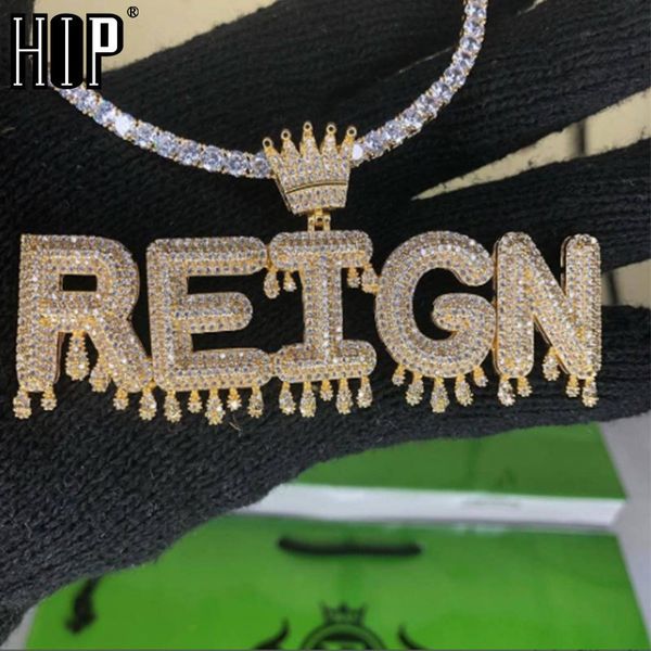

hip hop custom name cubic zircon crown drip iced out bubble letters chain pendants&necklaces for men jewelry cuban tennis chain, Silver