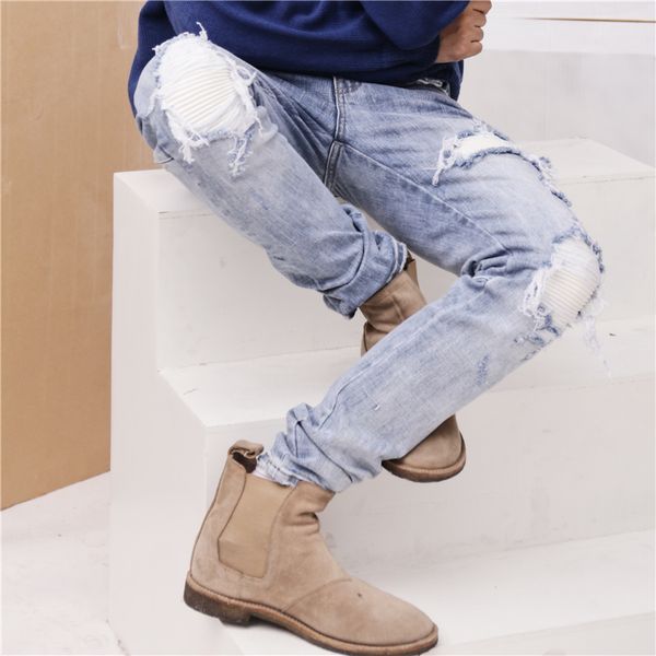 

STYLE Men Ripped white patch Jeans Blue Destroyed Slim Denim Casual Skinny Ruched biker motorcycle Jeans KANYE WEST