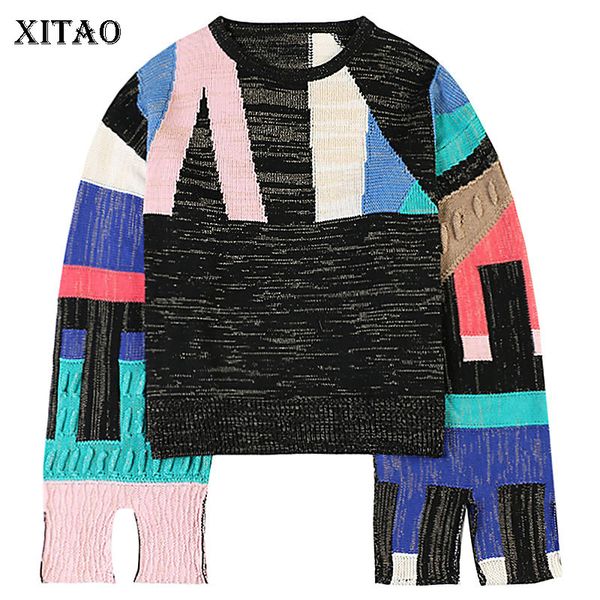 

xitao hit color geometrical sweater women korea fashion new pullover minority knitted patchwork 2019 autumn elegant gcc1234, White;black