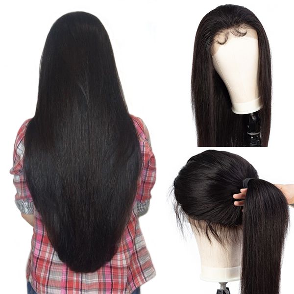 

brazilian remy human hair straight lace front wigs pre-plucked hairline with baby hair 360 lace frontal wigs, Black