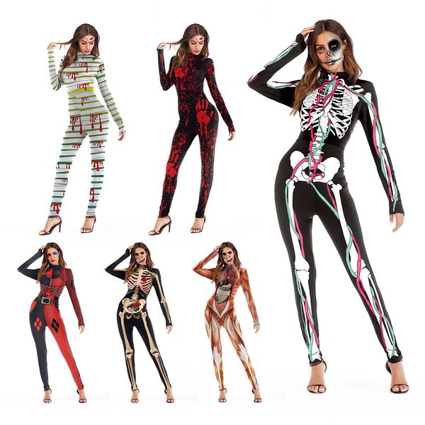 Kadınlar Vintage İskelet Gül Baskı Korkunç Kostüm Siyah Sıska Tulum Bodysuit Cadılar Bayramı Cosplay Suit Sıkı Kıyafet Femme